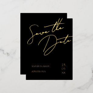 Invitación Postal Con Relieve Metalizado Boda de guiones negros y dorados salva la fecha de