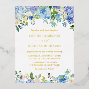 Invitación Postal Con Relieve Metalizado Boda de Hidrángulas Azules de Acuarela y Rosas