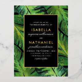 Invitación Postal Con Relieve Metalizado Boda de hojas tropicales verdes y negras modernas