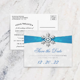 Invitación Postal Con Relieve Metalizado Boda de Invierno Diamante Snowflake & Blue Ribbon