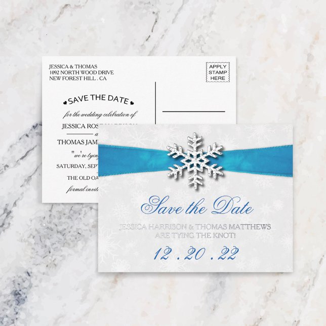 Invitación Postal Con Relieve Metalizado Boda de Invierno Diamante Snowflake & Blue Ribbon (Subido por el creador)