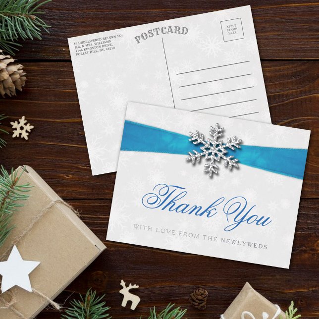 Invitación Postal Con Relieve Metalizado Boda de Invierno Diamante Snowflake & Blue Ribbon (Subido por el creador)