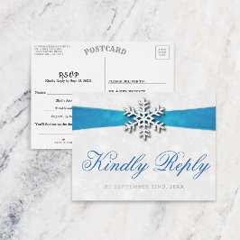 Invitación Postal Con Relieve Metalizado Boda de Invierno Diamante Snowflake & Blue Ribbon