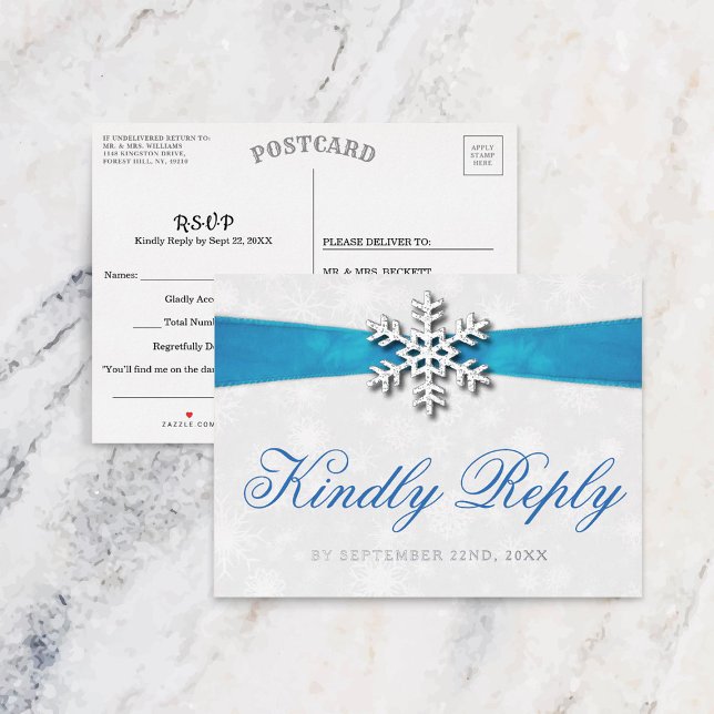 Invitación Postal Con Relieve Metalizado Boda de Invierno Diamante Snowflake & Blue Ribbon (Subido por el creador)