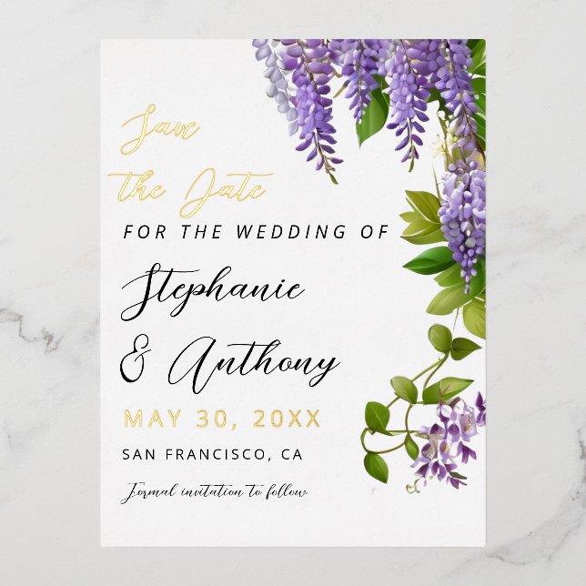 Invitación Postal Con Relieve Metalizado Boda de la glicinia morada colgante botánica (Anverso)