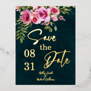 Invitación Postal Con Relieve Metalizado Boda de Moody de color oscuro verde esmeralda clás