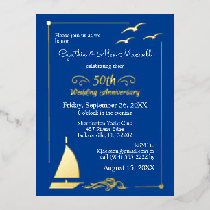 Invitación Postal Con Relieve Metalizado Boda de oro de 50 años de casados en barco de vela