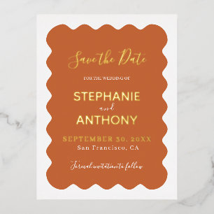 Invitación Postal Con Relieve Metalizado Boda de Terracota Wavy Edge de los años 50 retro