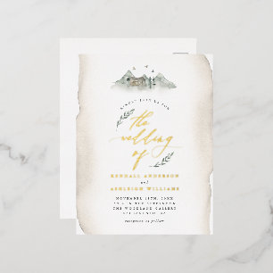 Invitación Postal Con Relieve Metalizado Boda de  y hojas de acuarela de Country Tan