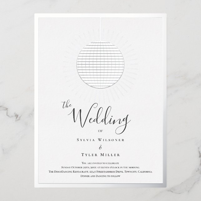 Invitación Postal Con Relieve Metalizado Boda Disco Ball (Anverso)