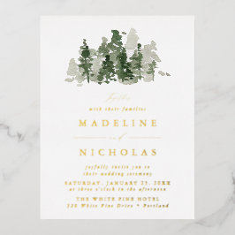Invitación Postal Con Relieve Metalizado Boda en Bosque Rústico de Pinos
