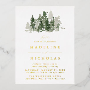 Invitación Postal Con Relieve Metalizado Boda en Bosque Rústico de Pinos