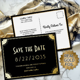 Invitación Postal Con Relieve Metalizado Boda floral Black Gold Art Deco Salva la fecha