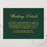 Invitación Postal Con Relieve Metalizado Boda formal elegante tradicional verde forestal<br><div class="desc">Estilo tradicional selva verde y Relieve metalizado dorado tarjeta de gabinete boda con la palabra "detalles" en una caligrafía elegante. Utilice estas tarjetas para proporcionar instrucciones y cualquier otro detalle importante de los bodas que sus huéspedes puedan necesitar, como alojamiento en el hotel, aparcamiento, información de transporte, etc. Esta tarjeta...</div>