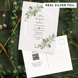Invitación Postal Con Relieve Metalizado Boda Geométrica de Verde Rústico Plata Real