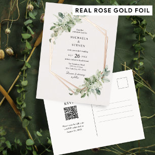 Invitación Postal Con Relieve Metalizado Boda Geométrica de Verde Rústico Rosa Dorada Real