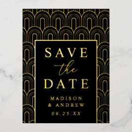 Invitación Postal Con Relieve Metalizado Boda moderna Art Deco, guarde la fecha