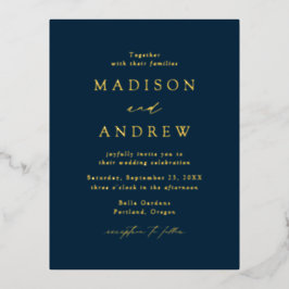 Invitación Postal Con Relieve Metalizado Boda Moderna Elegancia Azul Marino y Dorado