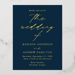 Invitación Postal Con Relieve Metalizado Boda Moderna Elegancia Azul Marino y Dorado