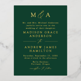 Invitación Postal Con Relieve Metalizado Boda Moderna Elegancia Monograma Verde y Dorado