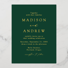 Invitación Postal Con Relieve Metalizado Boda Moderna Elegancia Verde y Dorado