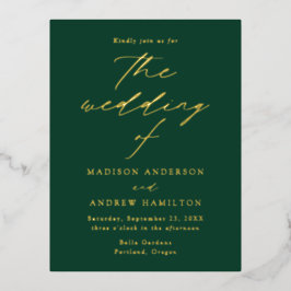 Invitación Postal Con Relieve Metalizado Boda Moderna Elegancia Verde y Dorado