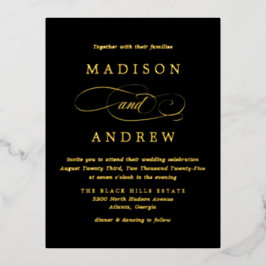 Invitación Postal Con Relieve Metalizado Boda Negra y Dorada Querida