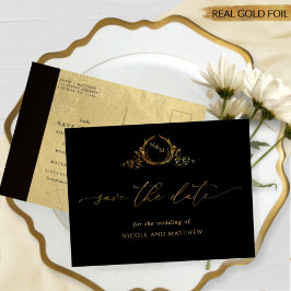 Invitación Postal Con Relieve Metalizado Boda negra y real de Relieve metalizado dorado sal