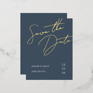 Invitación Postal Con Relieve Metalizado Boda real con guiones azules y dorados Guardar la 