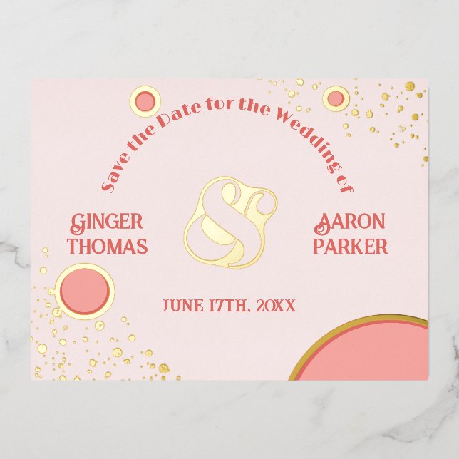 Invitación Postal Con Relieve Metalizado Boda retro rosa de Carmine Groovy Salva la fecha (Anverso)