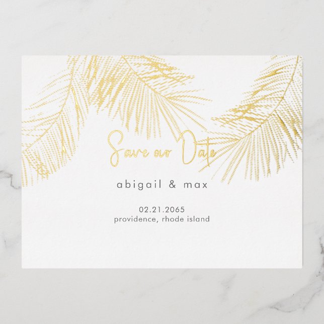 Invitación Postal Con Relieve Metalizado Boda Tropical Foliage Gold Ahorra Nuestra Fecha (Anverso)
