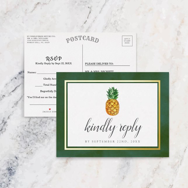 Invitación Postal Con Relieve Metalizado Boda Tropical Pineapple Beach RSVP Real (Subido por el creador)