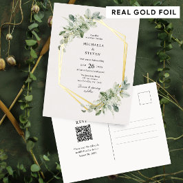 Invitación Postal Con Relieve Metalizado Boda Verde Geométrica Rústica Oro Real
