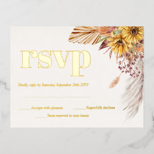 Invitación Postal Con Relieve Metalizado Boho de girasol Pampas Flores secas RSVP Gold