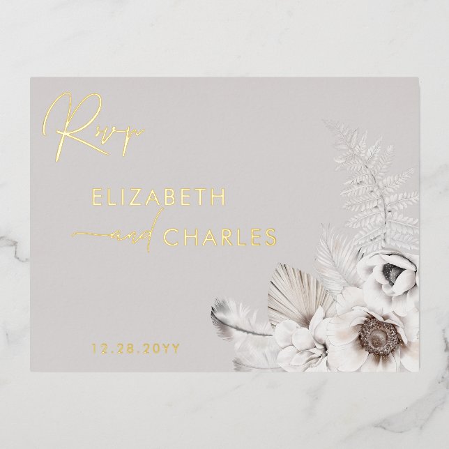 Invitación Postal Con Relieve Metalizado Boho Floral Winter Rustic Botantic RSVP (Anverso)