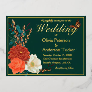 Invitación Postal Con Relieve Metalizado Bosque Fall Wedding QRC Monarca Floral Mariposa