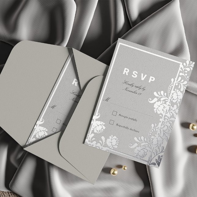 Invitación Postal Con Relieve Metalizado Brillante Plata Botánica Framed RSVP (Subido por el creador)