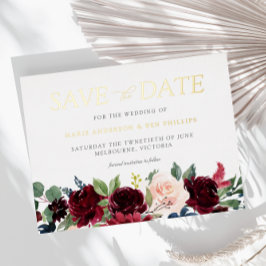Invitación Postal Con Relieve Metalizado Burgundy Aquarelle Floral Boda Save the date 
