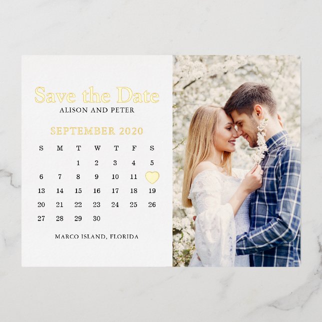 Invitación Postal Con Relieve Metalizado Calendario de Foto de Fecha de Guarda de Boda (Anverso)