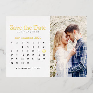 Invitación Postal Con Relieve Metalizado Calendario de Foto para Salvar la Fecha de Boda