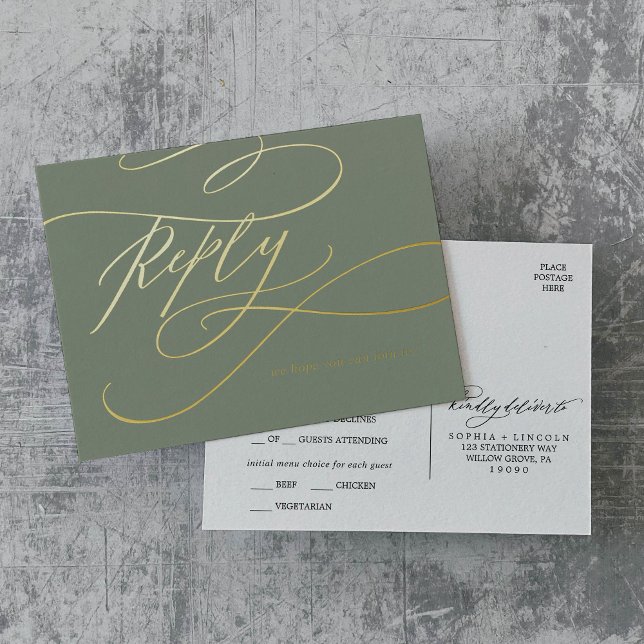 Invitación Postal Con Relieve Metalizado Calligrafía romántica Sage y carne de Relieve meta (Romantic Calligraphy Sage and Gold Foil Meal RSVP Foil Invitation Postcard)