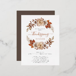 Invitación Postal Con Relieve Metalizado Cena de Acción de Gracias Floral Otoñal Elegante e