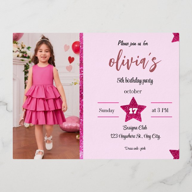 Invitación Postal Con Relieve Metalizado chica purpurina rosa (Anverso)