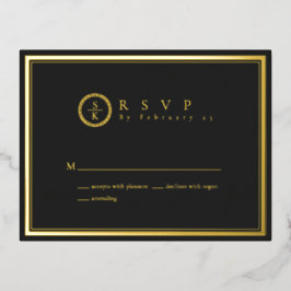 Invitación Postal Con Relieve Metalizado Clásico Simple Elegante Boda Negra de Oro RSVP