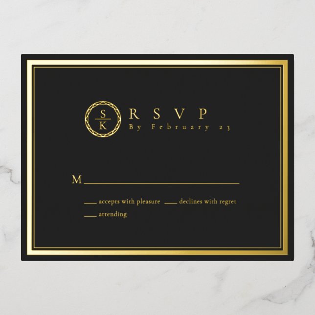Invitación Postal Con Relieve Metalizado Clásico Simple Elegante Boda Negra de Oro RSVP (Anverso)
