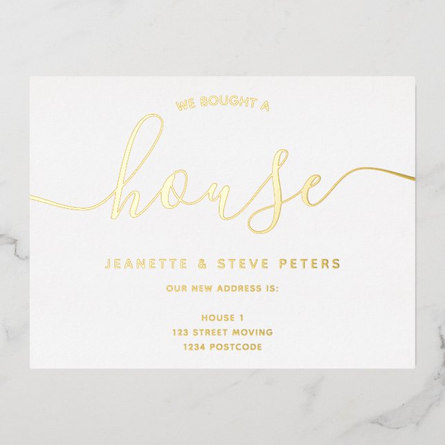 Invitación Postal Con Relieve Metalizado Compramos una casa de escritura simple blanca negr (Anverso)