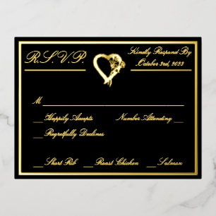Invitación Postal Con Relieve Metalizado Corazón y Rosas, Boda negra formal RSVP Oro lleno