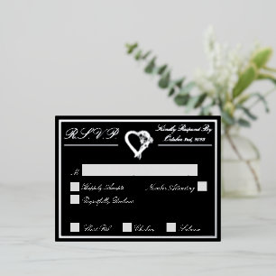 Invitación Postal Con Relieve Metalizado Corazón y Rosas, plata RSVP de la boda negra