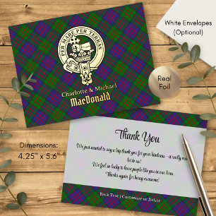Invitación Postal Con Relieve Metalizado Crest de Clan MacDonald sobre Tartán