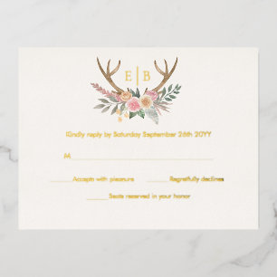 Invitación Postal Con Relieve Metalizado Cuerno Floral Ciervo Flores Rosadas RSVP Oro Real